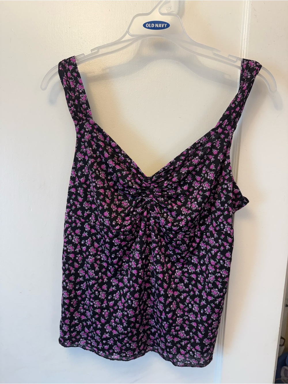 Old Navy Black Floral Ruched Front Camisole with Pink Flowers